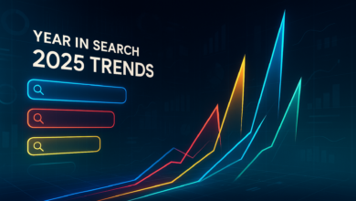Year in Search 2025 Trends graphic with search bars and rising trend lines.