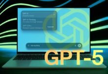 Laptop displaying GPT-5 interface with options and upgrade prompt.