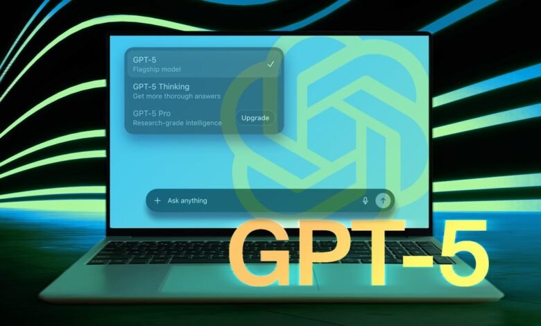 Laptop displaying GPT-5 interface with options and upgrade prompt.