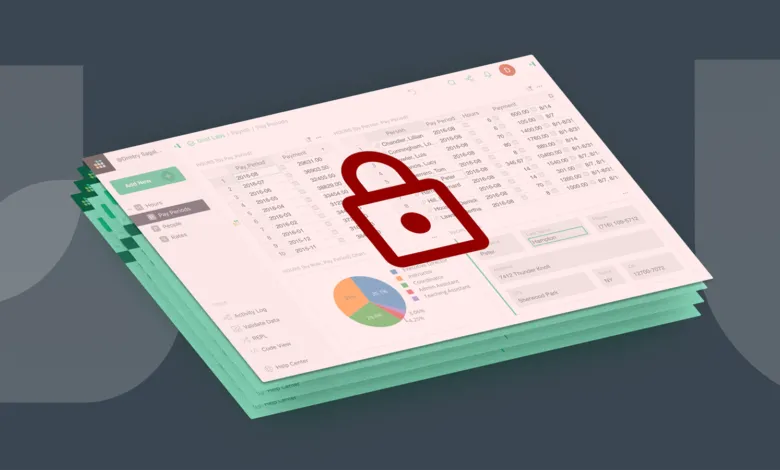 Grist Labs payroll data with a red lock overlay, indicating secure access.