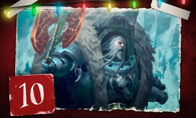 Space Wolf warrior with axe, framed by Christmas lights.