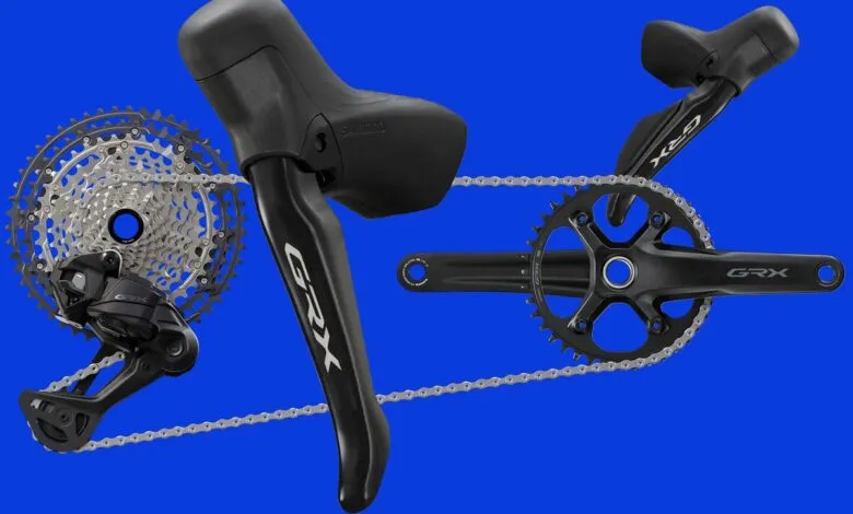 Shimano GRX groupset components including shifters, cassette, and crankset.