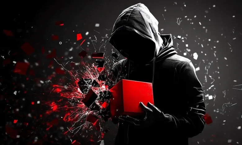 Person in hoodie holds red cube with digital shards around it.