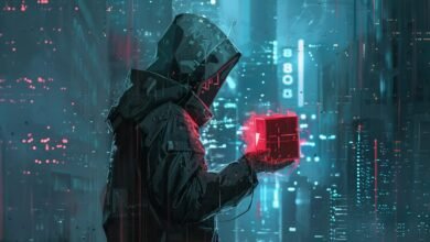 Person in hooded jacket holds glowing red cube against city backdrop.