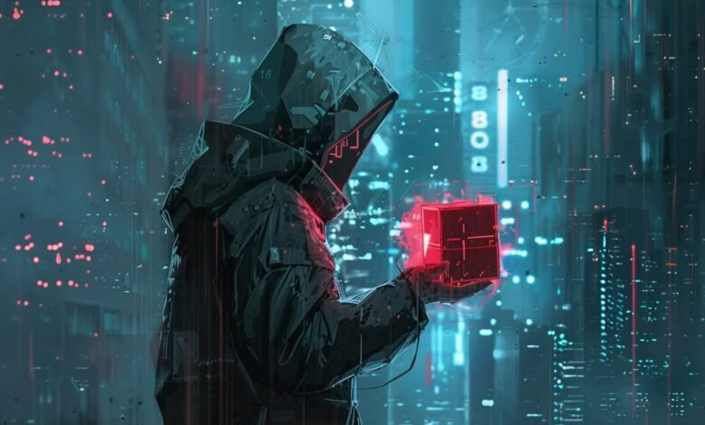 Person in hooded jacket holds glowing red cube against city backdrop.