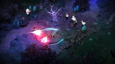 Overhead view of action in Hades II video game, character attacking enemies.