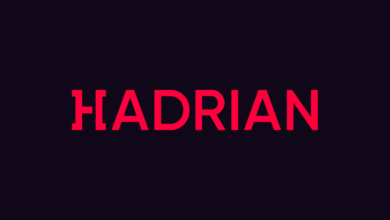 The word HADRIAN in red against a dark purple background.