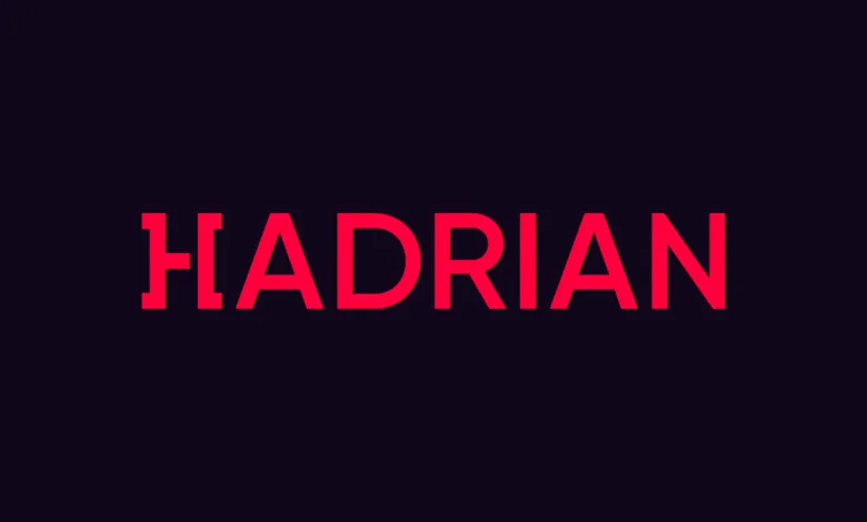 The word HADRIAN in red against a dark purple background.