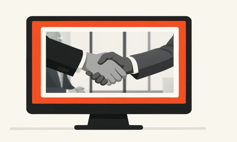 Illustration of a handshake displayed on a computer screen.