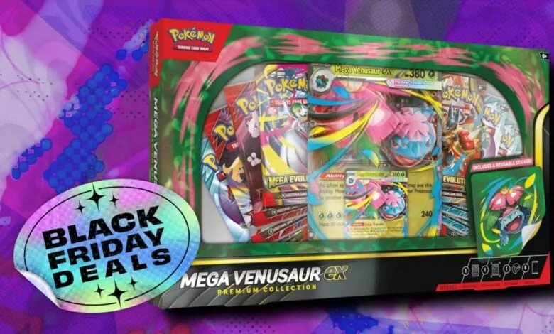 Mega Venusaur EX Pokemon card set with Black Friday Deals sticker.