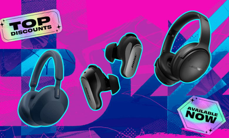 Three pairs of headphones: Sony, Bose earbuds, Bose over-ear, on colorful background.