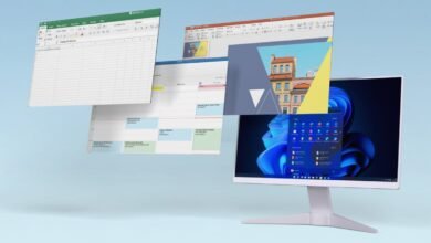 Desktop computer with floating Excel, calendar, and presentation windows.
