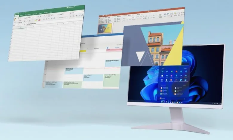 Desktop computer with floating Excel, calendar, and presentation windows.