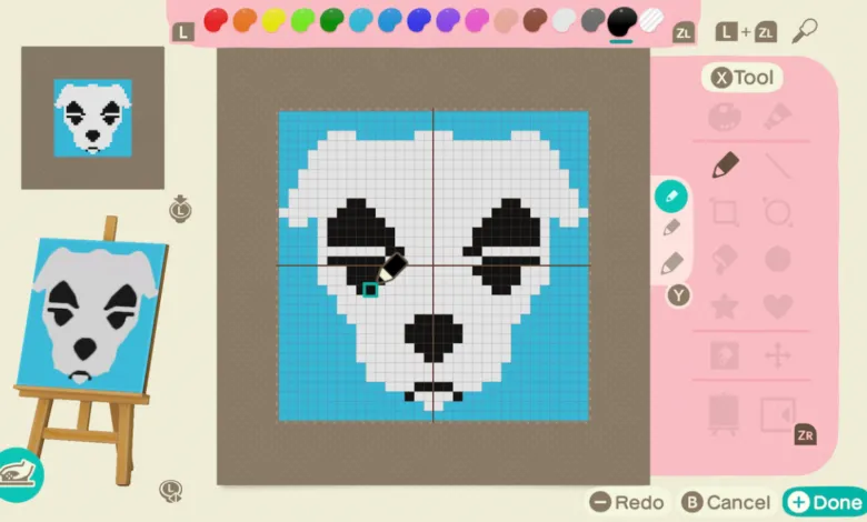 Animal Crossing design interface showing K.K. Slider pixel art in progress.