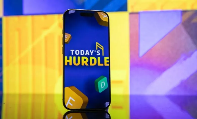 Smartphone displaying the 'Today's Hurdle' game app on a colorful background.