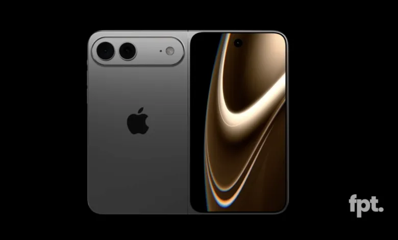 Foldable iPhone concept with dual rear cameras and Apple logo.