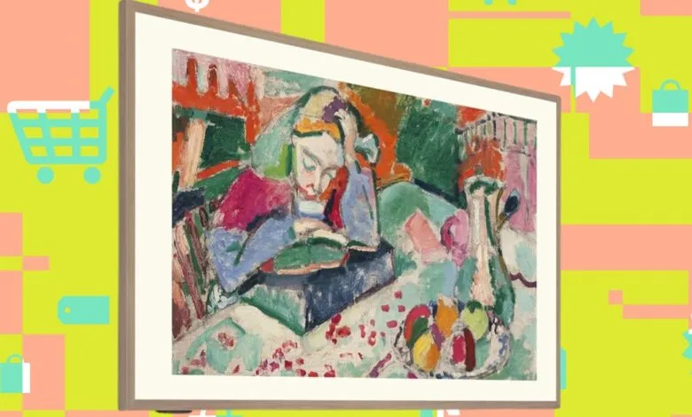 Framed painting of a woman reading on a TV screen, set against a colorful background.