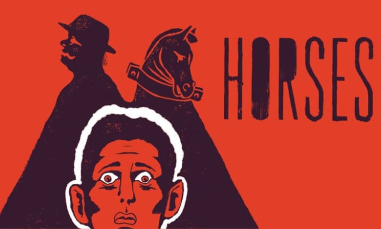 Illustration of a man, horse, and figure under the word 'HORSES'.