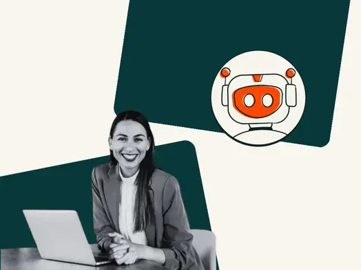 Smiling woman with laptop next to a chatbot icon on a graphic background.