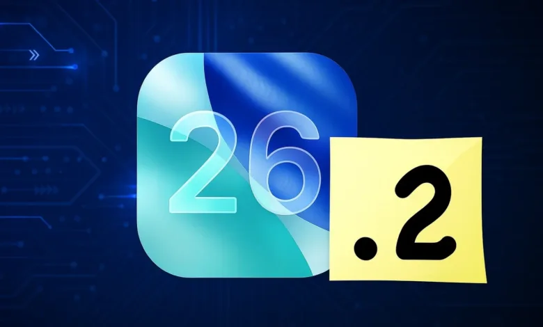 iOS 26.2 version number on blue tech background.
