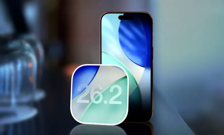 iPhone displaying iOS 26.2 update with blue and green abstract background.