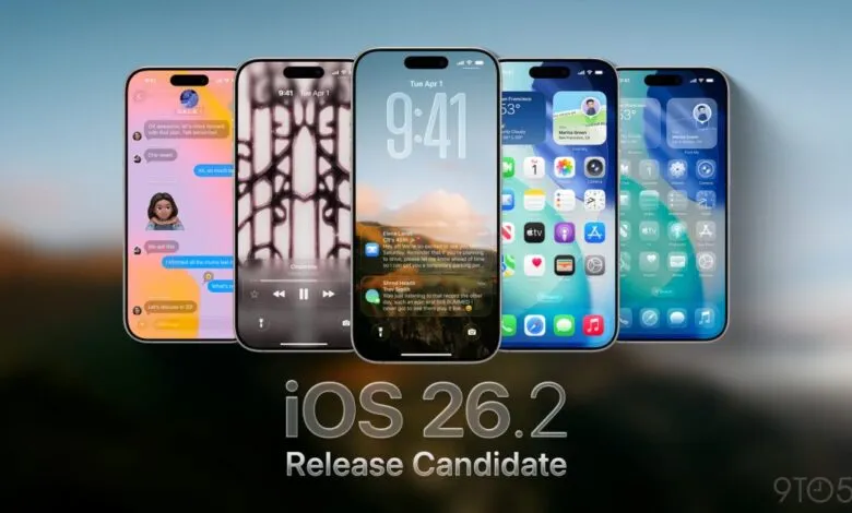 Five iPhones displaying different screens, showcasing iOS 26.2 features.