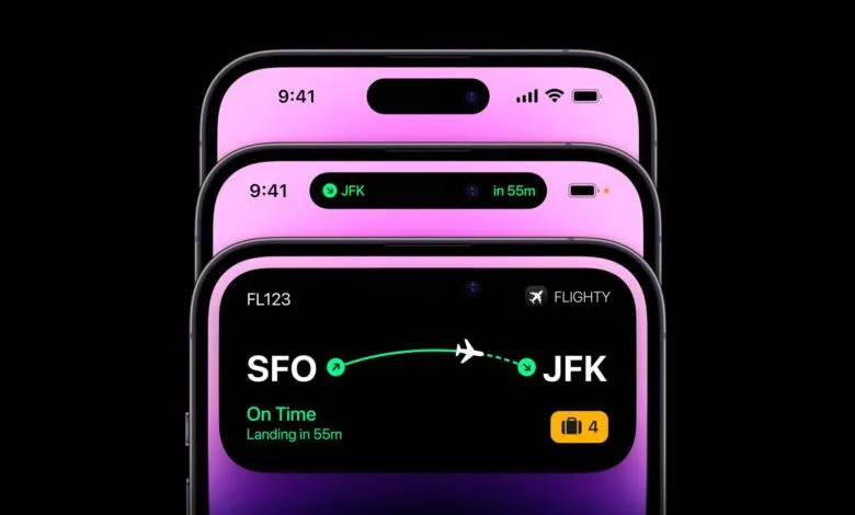 iPhone 14 Pro showing Dynamic Island flight tracking feature.