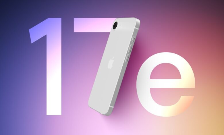 Silver iPhone with Apple logo against colorful '17e' backdrop.