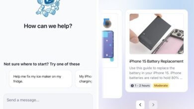 Screenshot of iFixit app interface showing repair options and chatbot.