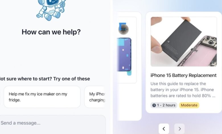 Screenshot of iFixit app interface showing repair options and chatbot.