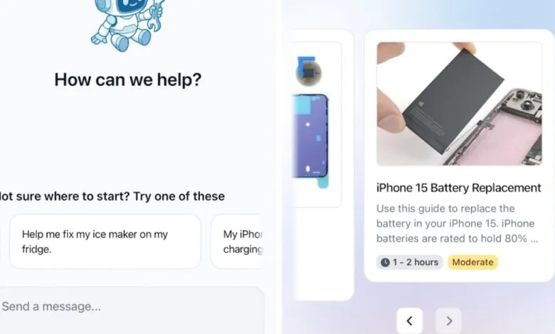 Screenshot of iFixit app interface showing repair options and chatbot.