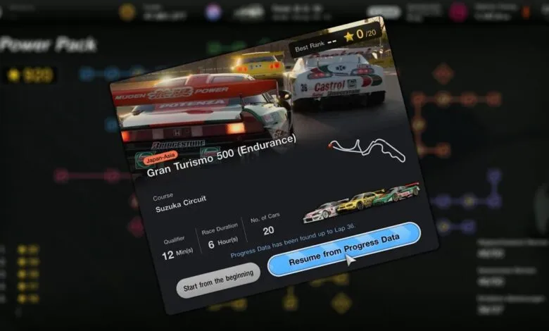 Gran Turismo 7 menu showing Gran Turismo 500 Endurance race details.