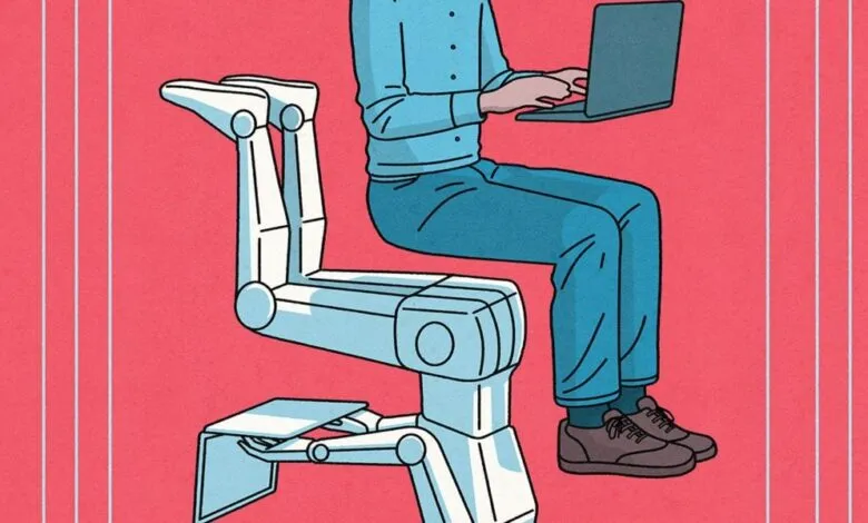 Person sits in robotic chair using laptop, against a pink background.