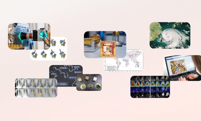 Collage of scientific images: lab equipment, molecules, climate data, and medical scans.