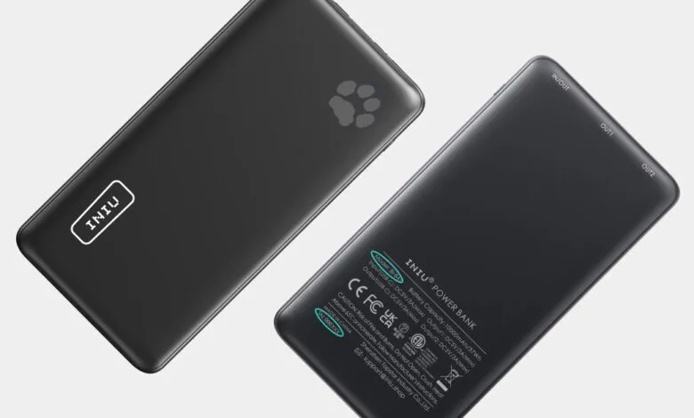 Two INIU power banks, one showing the logo and paw print design.