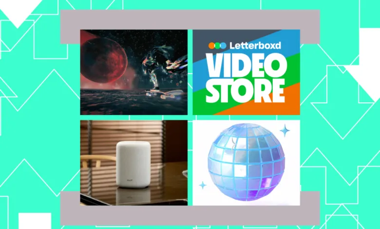 Four-panel collage with Letterboxd Video Store logo, futuristic skater, speaker, and disco ball.