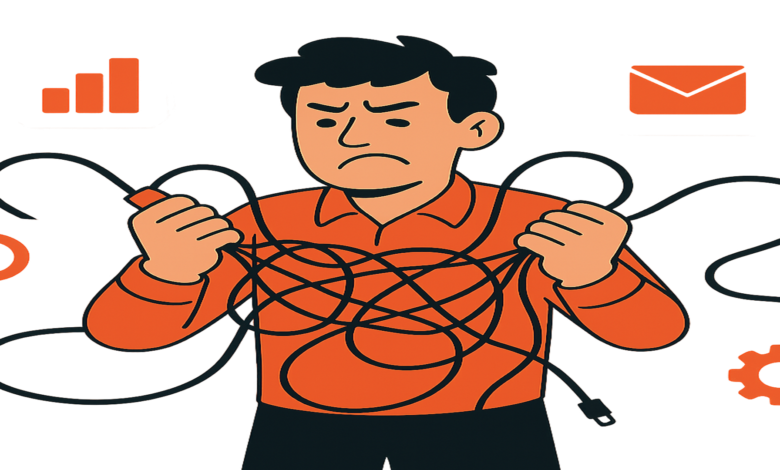 Frustrated person holding tangled cords, representing integration issues.