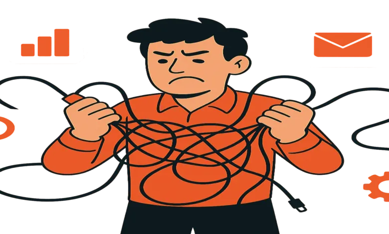 Frustrated person holding tangled cords, representing integration issues.