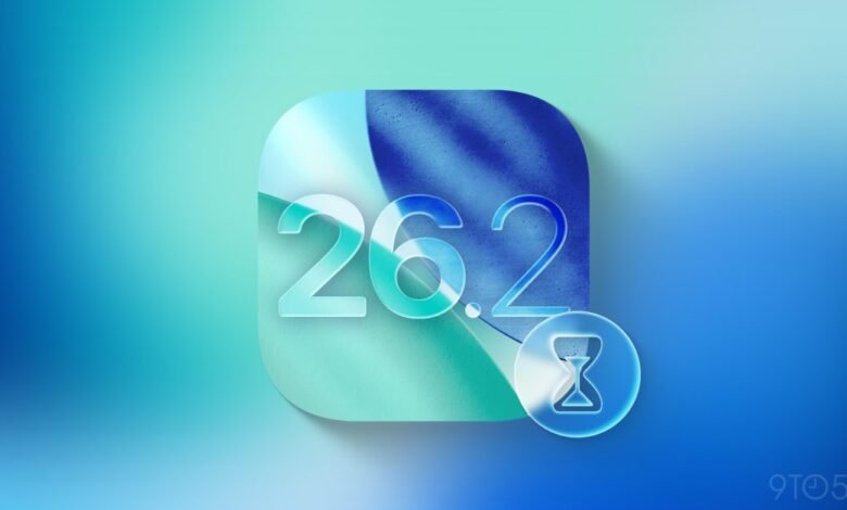 iOS 26.2 update icon with hourglass on blue gradient background.