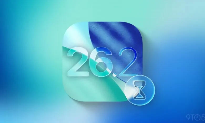 iOS 26.2 update icon with hourglass on blue gradient background.