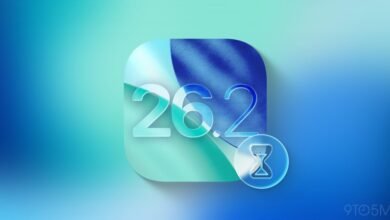 iOS 26.2 update icon with hourglass symbol on blue gradient background.