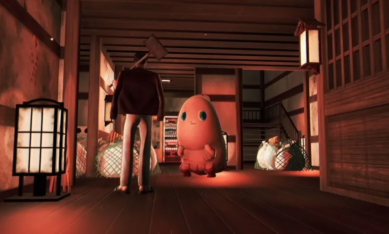 Man with broom and cute creature in a Japanese-style interior.