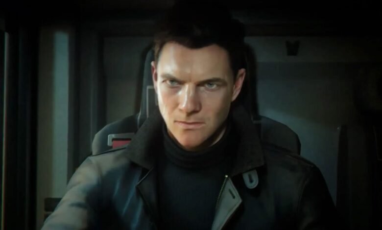 James Bond character in a serious, intense close-up.