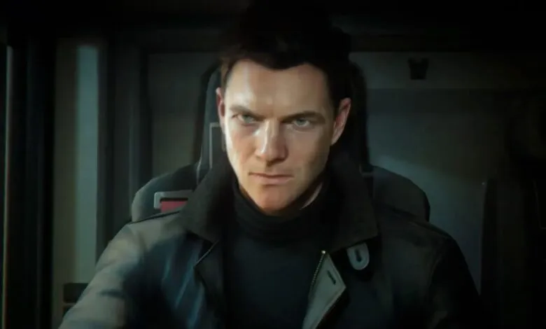 James Bond character in a serious, intense close-up.