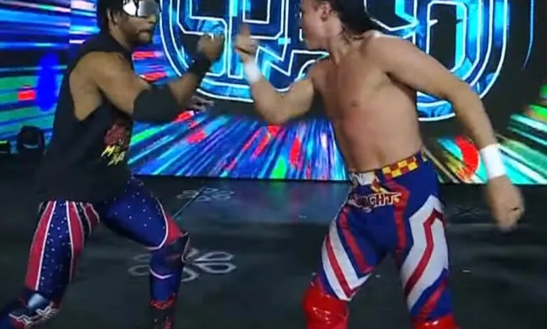 Two wrestlers, Mike Bailey and Kevin Knight, face off in the ring.