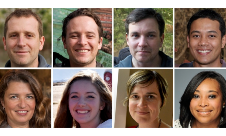 Collage of eight diverse individuals smiling at the camera.