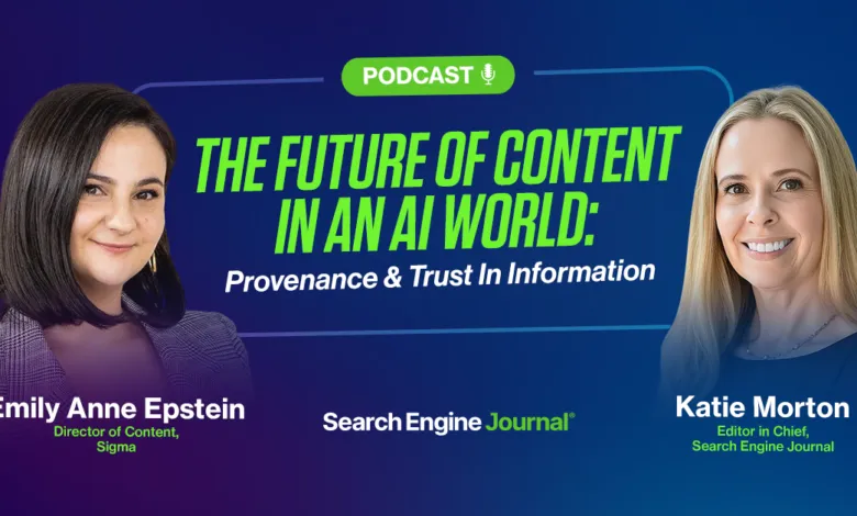 Podcast graphic featuring Emily Anne Epstein and Katie Morton discussing AI content.