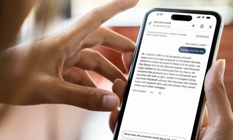 Person using 'Ask this book' feature on Kindle app to explain plot.