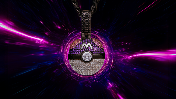 Close-up of a diamond-studded Pokeball pendant necklace against a vibrant purple background.