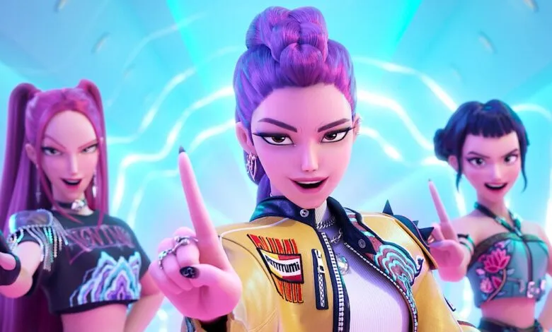 Three stylized female characters with colorful hair point upwards.